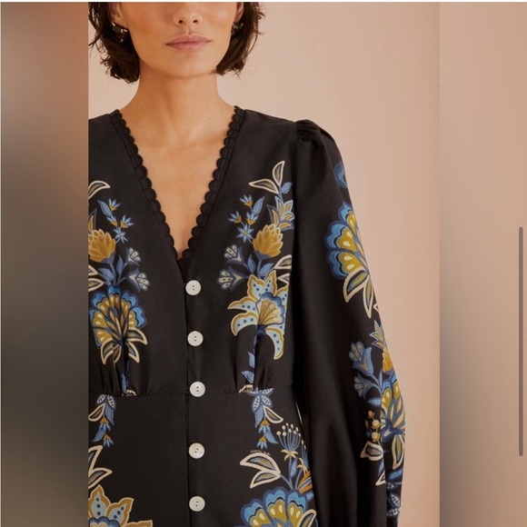 new Farm Rio stitched garden black floral midi long sleeve dress - Picture 2 of 8